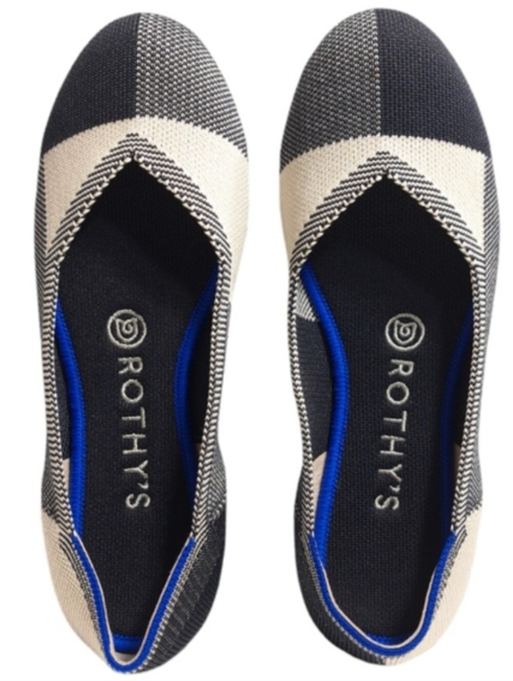 Rothy's Black Cream Knit Flats with Blue Trim